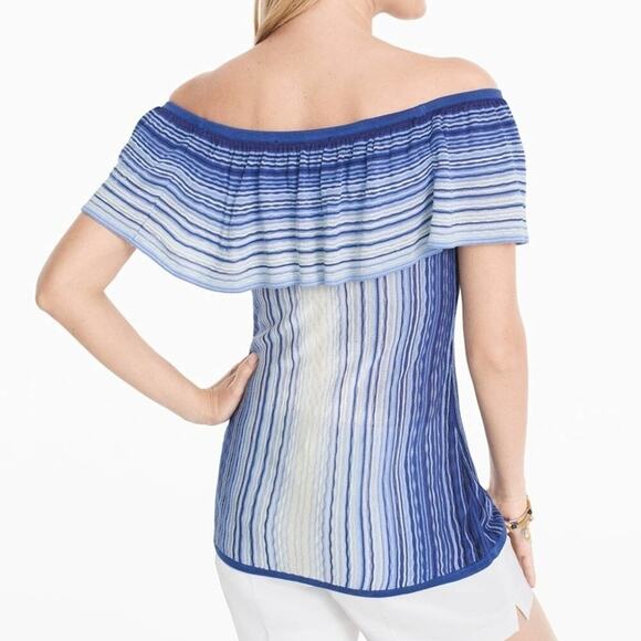 WHBM Off-the-Shoulder Flounce Blue Striped Summer Sweater Size XS 💙 🌊💙 NWT - Picture 2 of 6
